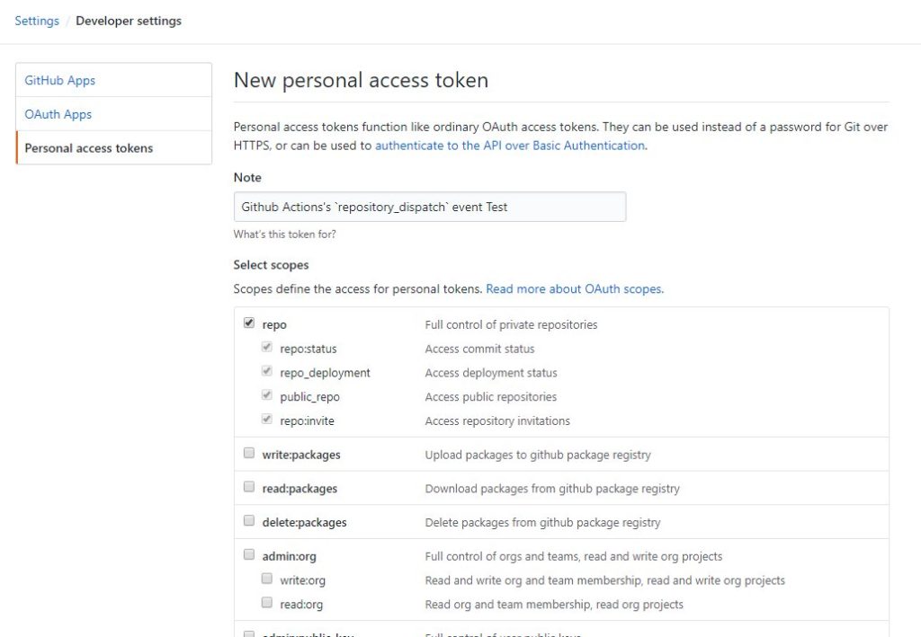 Personal access tokensの設定