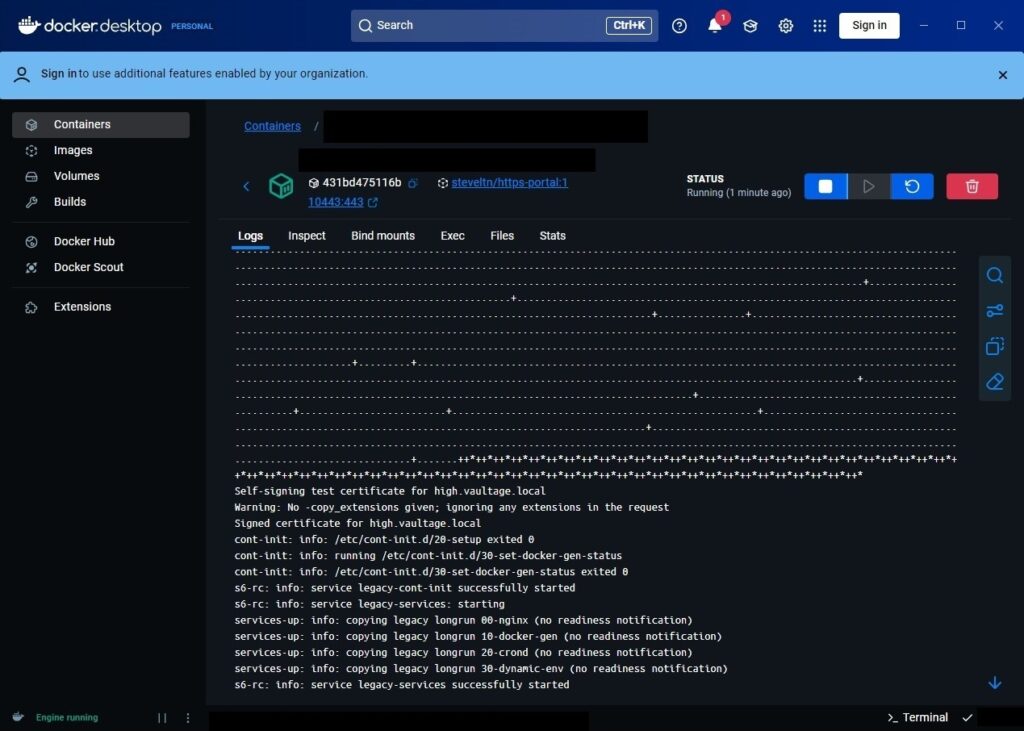`https-portal` のコンテナが起動完了した状態での Docker Desktop for windows 上からのログ確認
