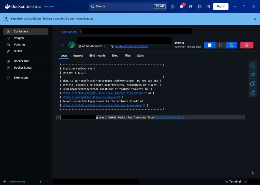 `vaultwarden` のコンテナが起動完了した状態での Docker Desktop for windows 上からのログ確認