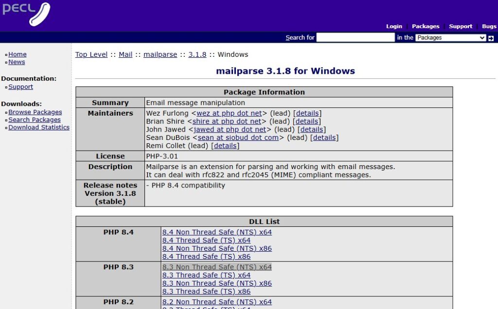 mailparse 3.1.8 for Windows のダウンロードページからダウンロードする